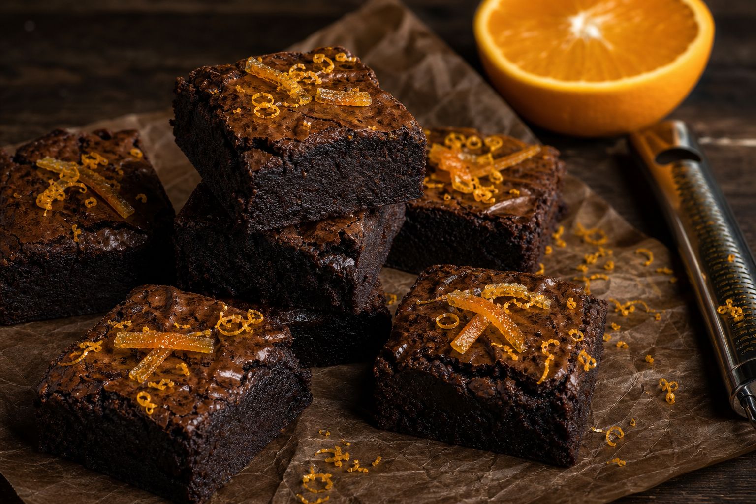 Mørke appelsin-brownies skåret i firkanter med blank crackly top, drysset med fintrevet appelsinskal og et strimmel appelsinzest