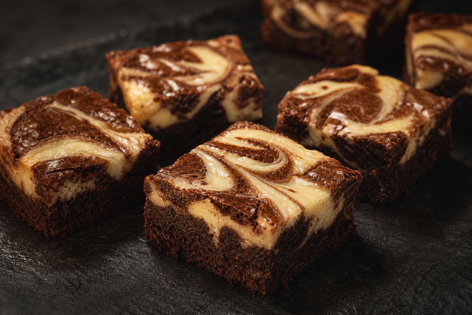 Cheesecake-brownies i firkanter med dyb chokoladebund og lyse flødeost-swirls marmoreret blankt henover den fudgy overflade