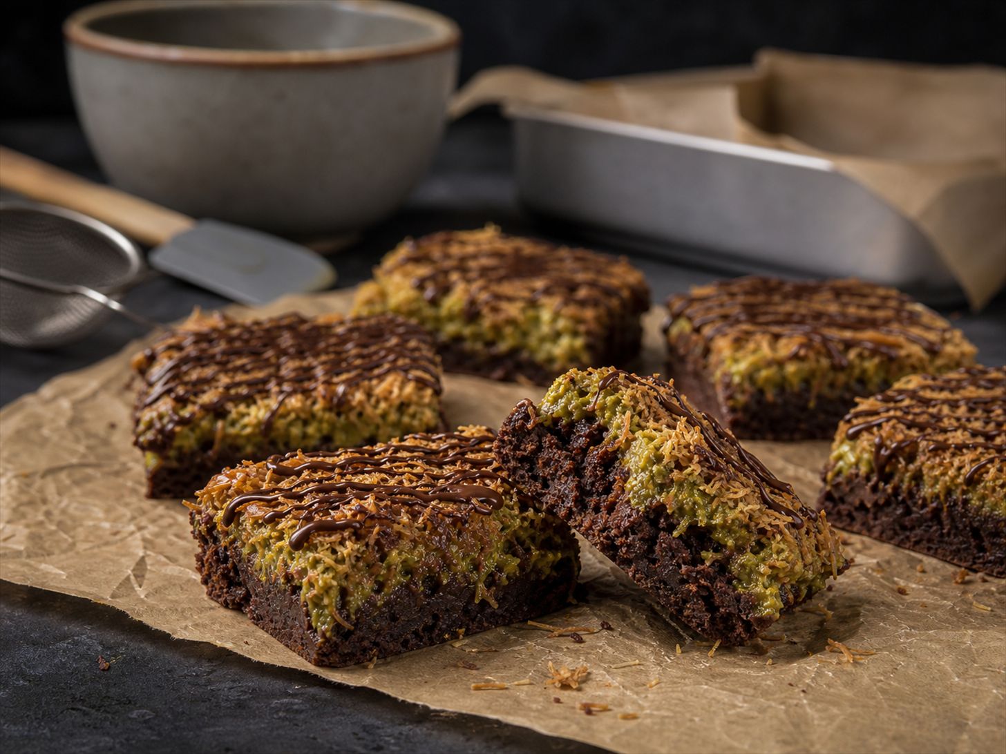 Dubai-brownies skåret i firkanter med fudgy mørk chokoladebund og et sprødt lag gyldenristet kadayif i grøn pistaciecreme, drizzlet med mørk chokolade