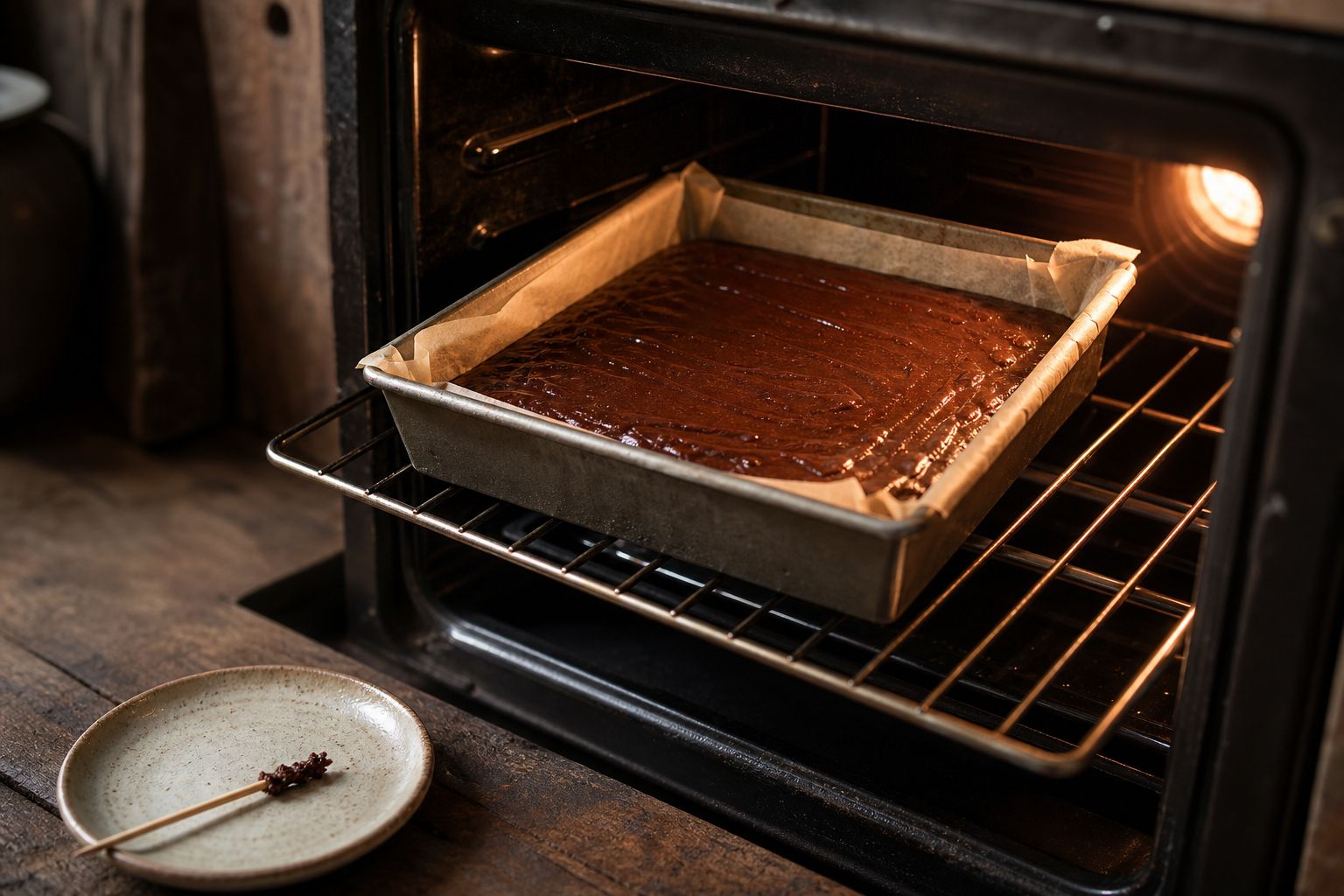 Formen med glat browniedej sættes midt i den varme ovn