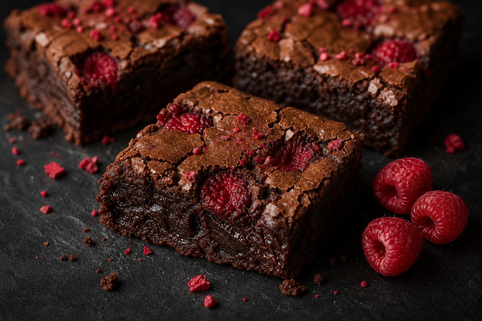 Hindbær-brownies skåret i firkanter med blank crackly top, nedsunkne rubinrøde hindbærkratere og et drys knuste frysetørrede hindbær