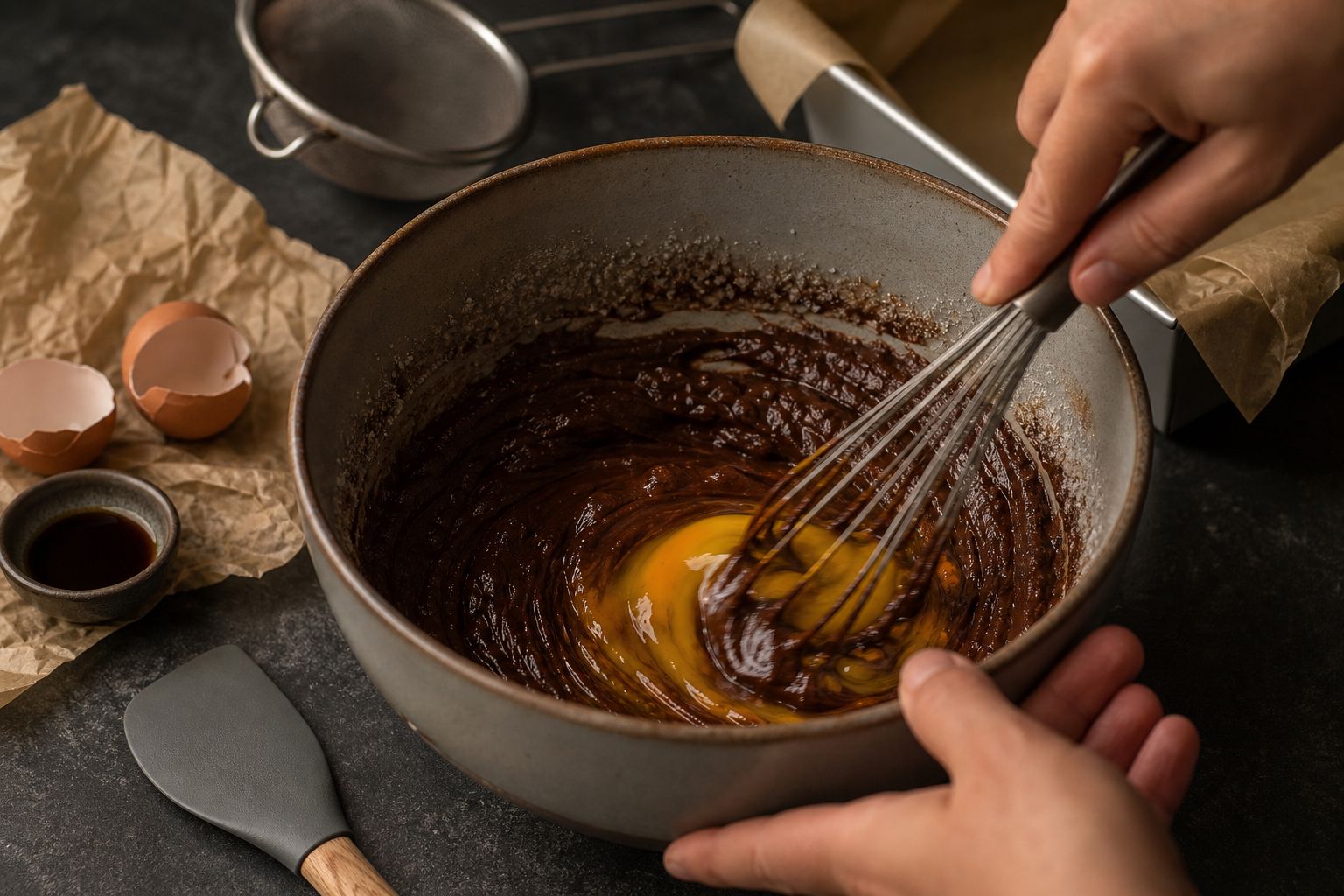 Keto-brownies, trin 3: rør sødme og æg i