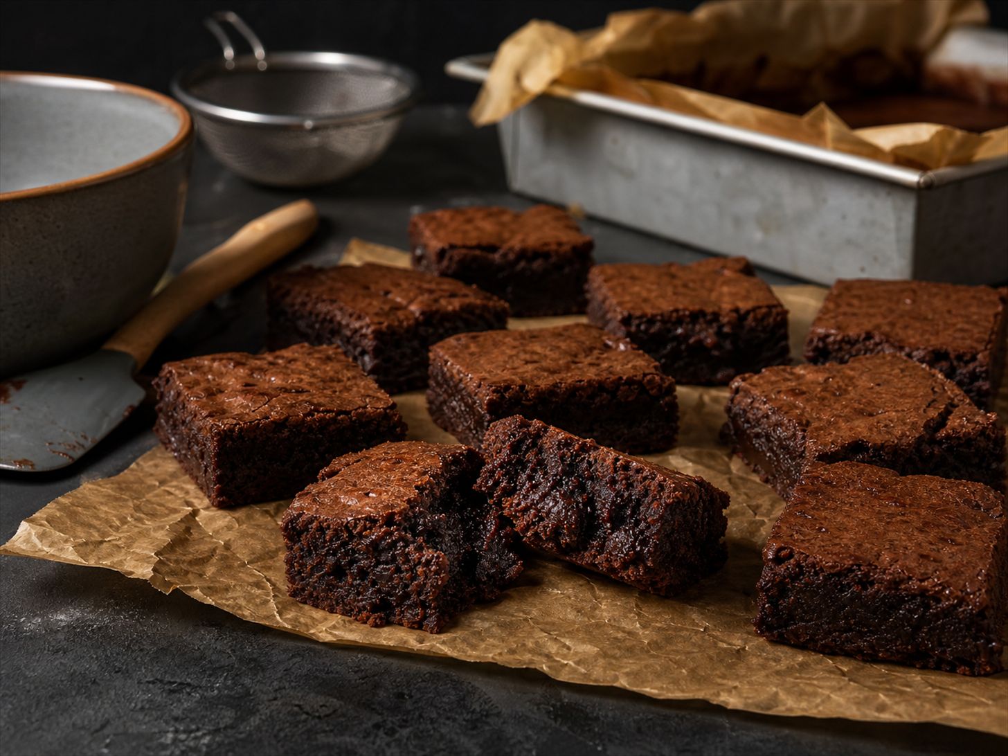 Brownies med kondenseret mælk skåret i firkanter med tæt, sej, mørk kerne og en mat blank top