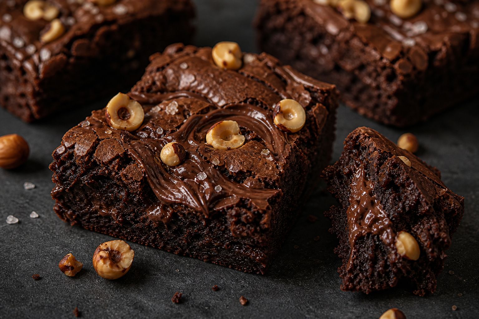 Nutella-brownies skåret i firkanter med blank crackly top, mørke Nutella-swirls, ristede hasselnødder og flagesalt, tæt fudgy kerne
