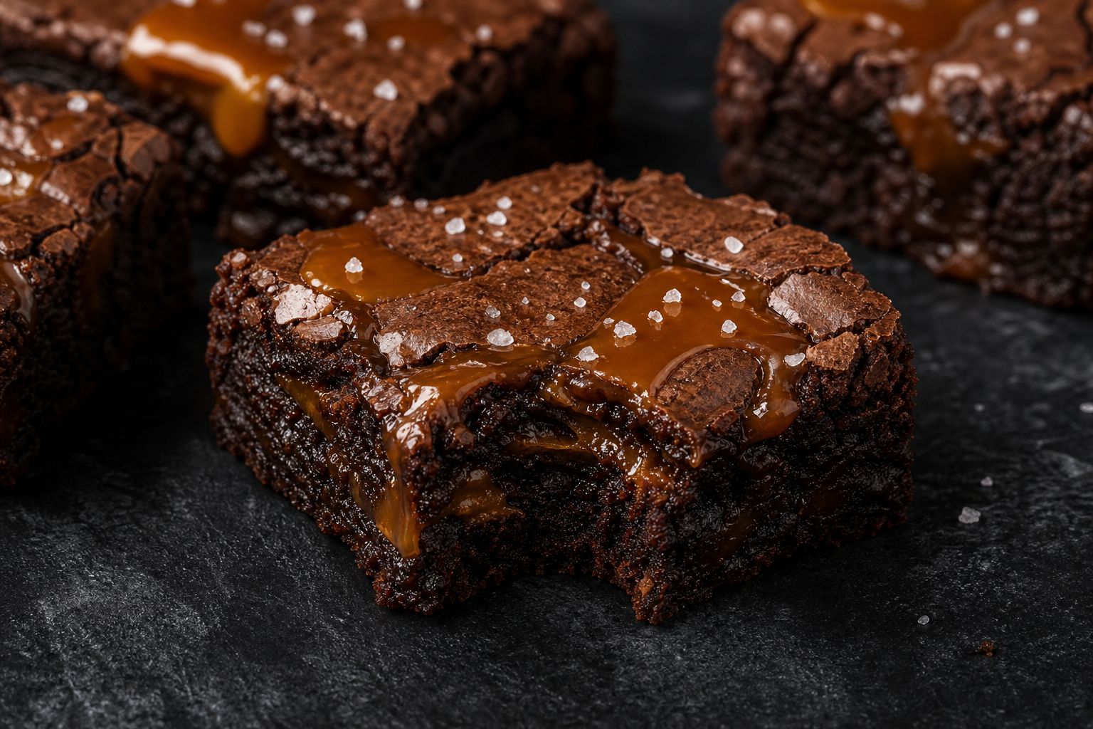 Saltkaramel-brownies skåret i firkanter med blank crackly top, en ravgul karamelsvirl der bryder igennem, karamel-drizzle og flagesalt